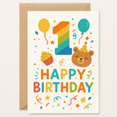 1st Birthday Card – “Happy Birthday” Rainbow Bear - Greeting Card